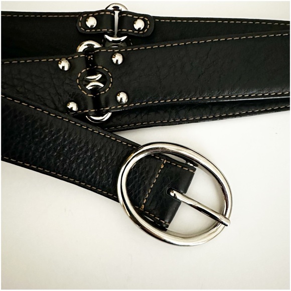Cole Haan Black Belt Double Ring Pebbled Leather Silver Tone Hardware Belt - Picture 5 of 8